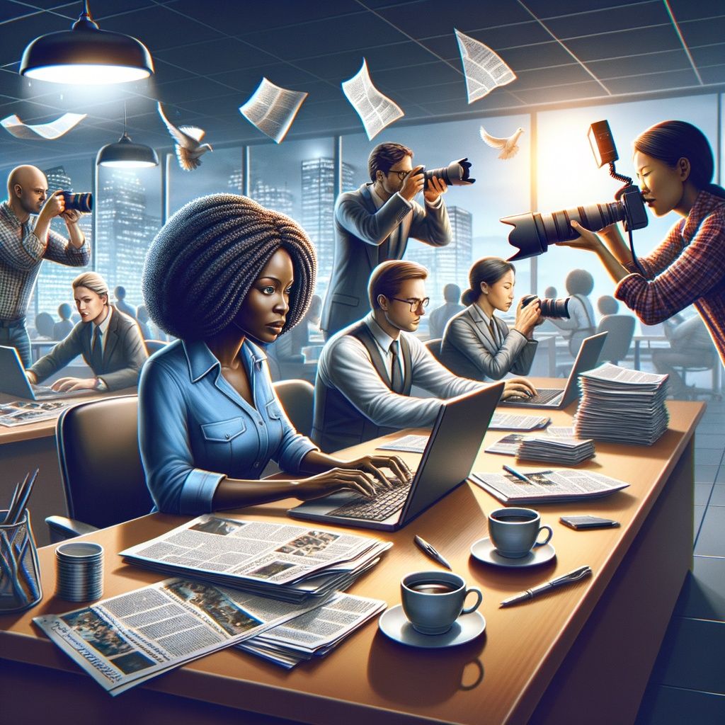Periodistas trabajando en busca de contenido inspirador para sus lectores. Ilustración creada con Inteligencia Artificial.